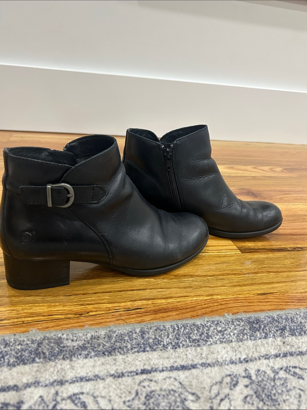 Born Black Leather Ankle Booties with Buckle Accent